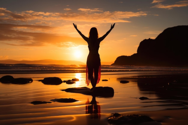 Eine junge Frau macht Yoga am ruhigen Strand bei Sonnenaufgang