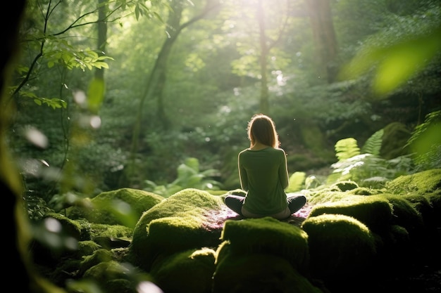 Eine junge Frau meditiert in einem üppigen Wald, während das Sonnenlicht durch das Blätterdach dringt. Generative KI