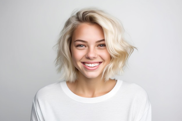 Eine junge Frau mit blonden Haaren lächelt in die Kamera.