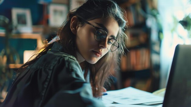 Eine junge Frau mit Brille arbeitet in einem Heimbüro an ihrem Laptop. Sie trägt ein lässiges Outfit und hat ihre Haare zurückgebunden.