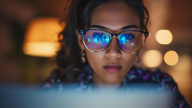 Foto eine junge frau mit brille schaut auf einen computerbildschirm