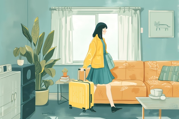 Eine junge Frau mit einem Koffer im Zimmer, bereit für ein Abenteuer