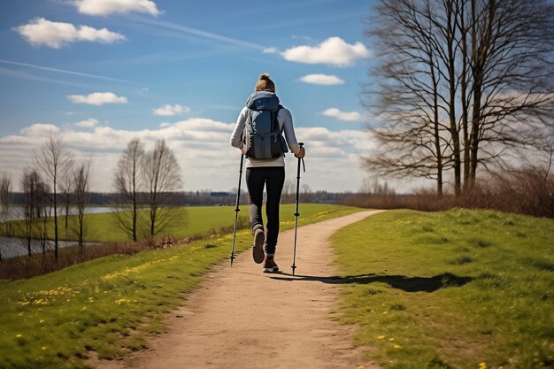 eine junge Frau mit einem Rucksack geht an einem sonnigen Tag mit nordischen Gehstangen entlang der Straße