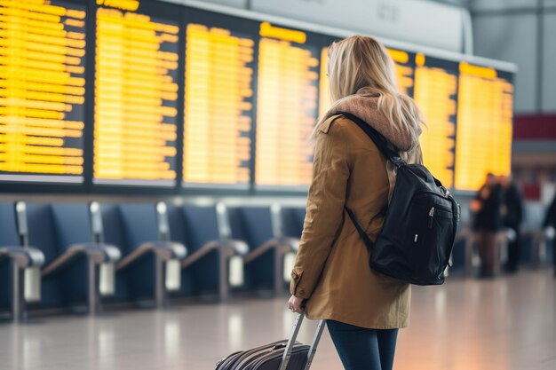 Eine junge Frau mit einem Rucksack im internationalen Flughafen schaut sich die Fluginformationen an