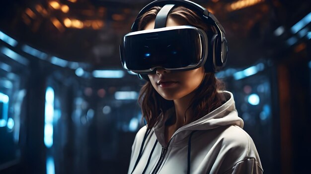 Foto eine junge frau mit einem virtual-reality-headset