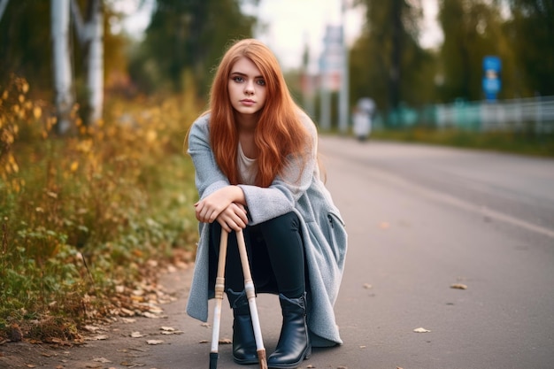 Eine junge Frau mit einer Krücke posiert draußen, erstellt mit generativer KI