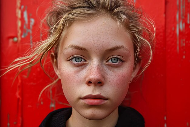 Foto eine junge frau mit freckles auf dem gesicht schaut in die kamera