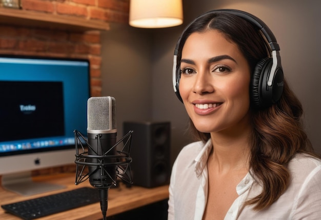 Eine junge Frau mit Kopfhörern in einem Aufnahmestudio scheint in ein Mikrofon zu sprechen