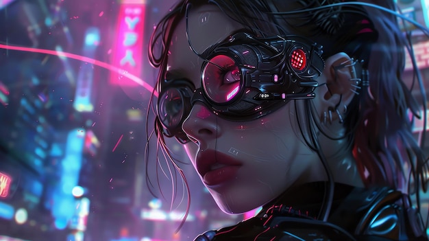 Eine junge Frau mit kurzen dunklen Haaren und rotem Lippenstift trägt eine Hightech-Brille. Sie steht in einer dunklen, neon beleuchteten Stadt.