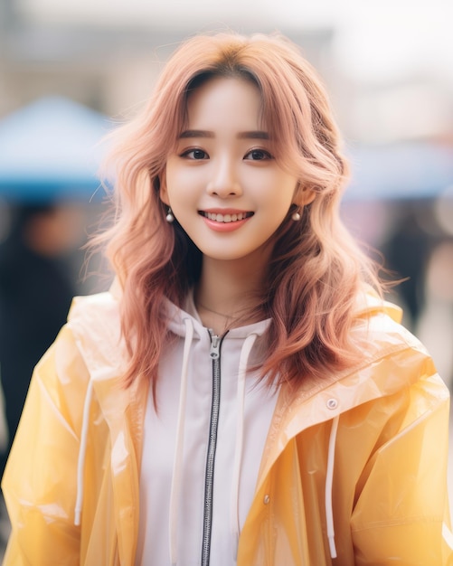 eine junge Frau mit rosa Haaren und gelbem Regenmantel