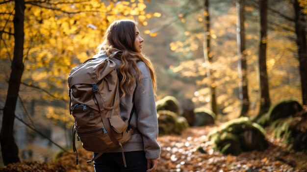 Eine junge Frau mit Rucksack wandert draußen im Wald