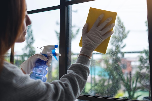 Eine junge Frau mit Schutzhandschuh, die das Fenster für das Hausarbeitskonzept reinigt