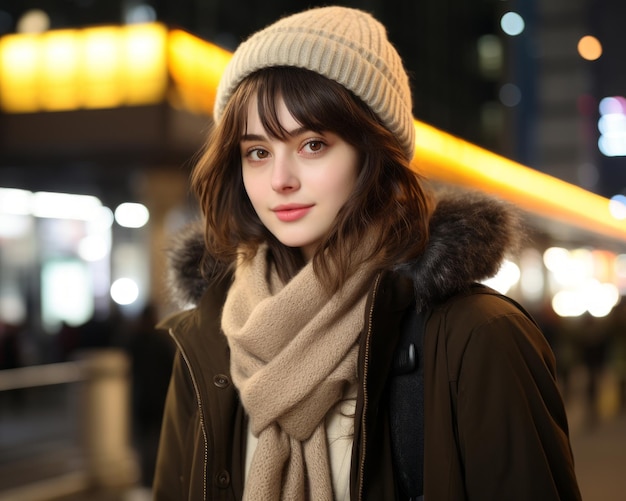 Eine junge Frau mit Wintermütze und Mantel steht nachts auf einer Stadtstraße
