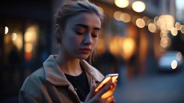 Eine junge Frau schaut auf ihr Telefon, während sie auf der Straße steht.