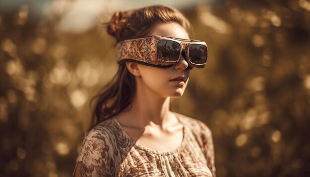 Eine junge Frau, Schönheit in der Natur, Sonnenbrille, generiert von KI