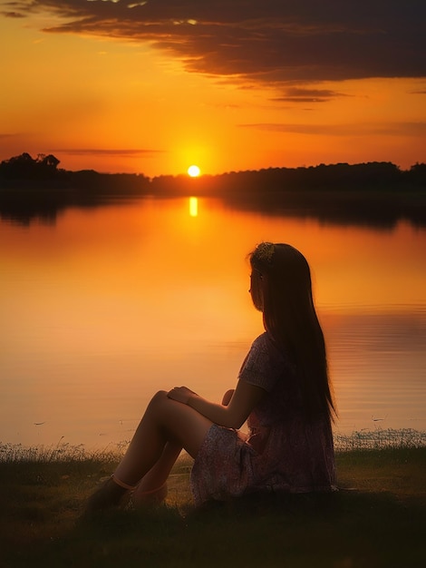 Eine junge Frau sitzt alleine und genießt den ruhigen Sonnenuntergang