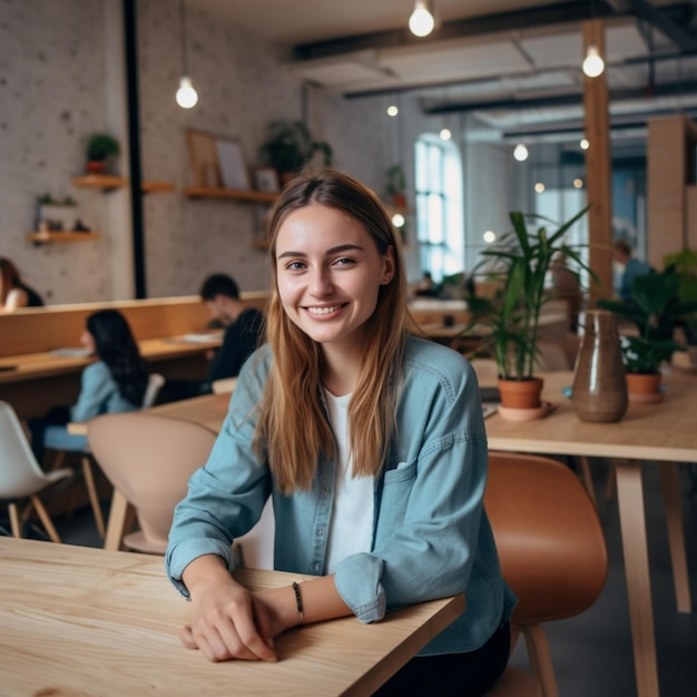 Eine junge Frau sitzt an einem Tisch in einem Café.