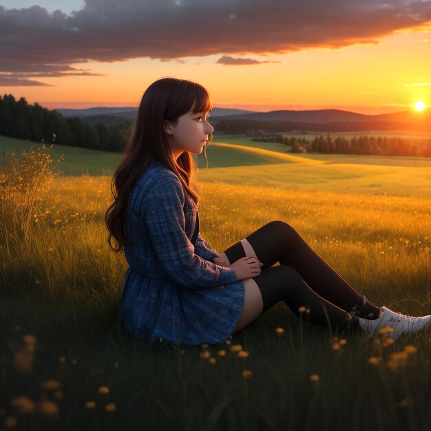 Eine junge Frau sitzt auf einer Wiese und genießt den Sonnenuntergang
