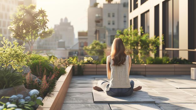 Foto eine junge frau sitzt auf einer yoga-matte auf einer dachterrasse und blickt auf die skyline der stadt. sie trägt ein weißes tanktop und blaue jeans.