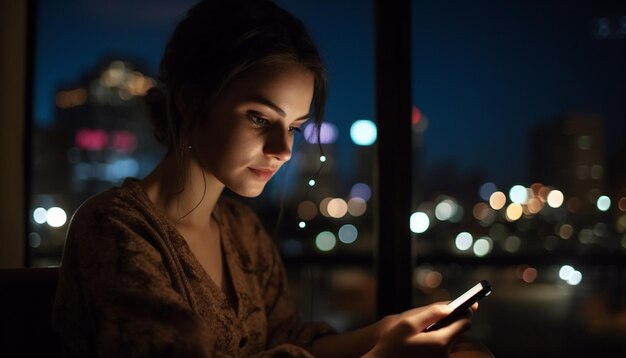 Eine junge Frau sitzt drinnen und schaut auf ihr von KI generiertes Smartphone