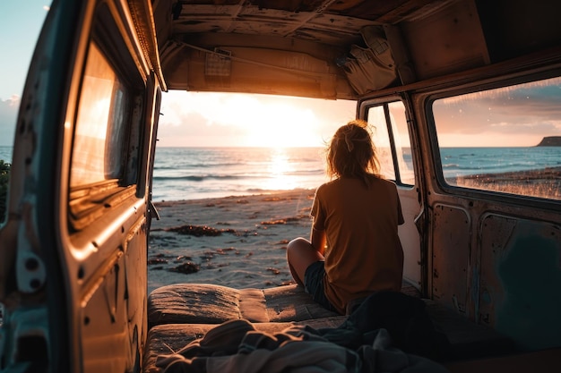 Eine junge Frau sitzt friedlich im Van und beobachtet den Sonnenuntergang