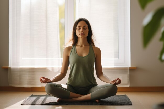 Foto eine junge frau sitzt zu hause auf dem boden, übt yoga, sitzt in einer pose und meditiert.