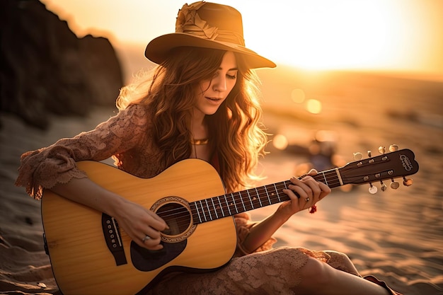 Eine junge Frau spielt Gitarre am Strand