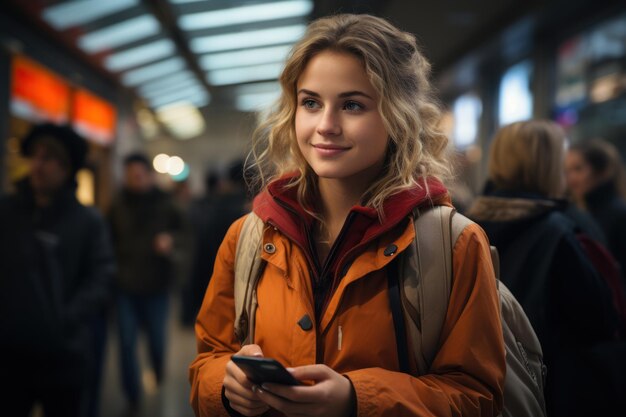 Eine junge Frau steht auf dem Bahnsteig eines Bahnhofs und berät sich mit einem Mobiltelefon