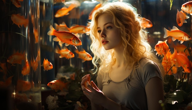 Eine junge Frau steht im Raum mit einem Goldfisch