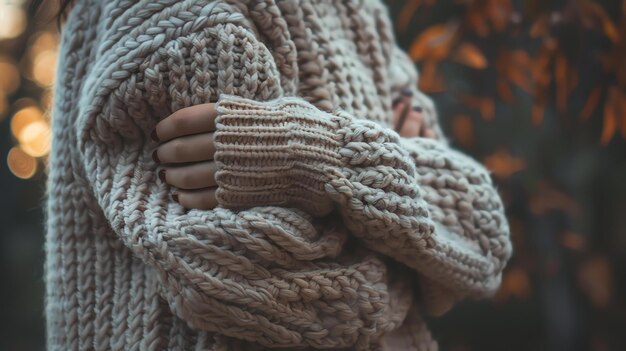 Foto eine junge frau trägt im freien einen gemütlichen handstrickpullover