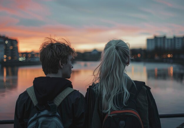 Eine junge Frau und ihr Freund genießen den Blick auf den Sonnenuntergang