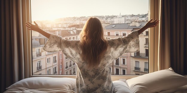 Eine junge Frau wacht mit einer weichen, bequemen Matratze im Bett auf und streckt nach einem erholsamen Schlaf die Arme aus