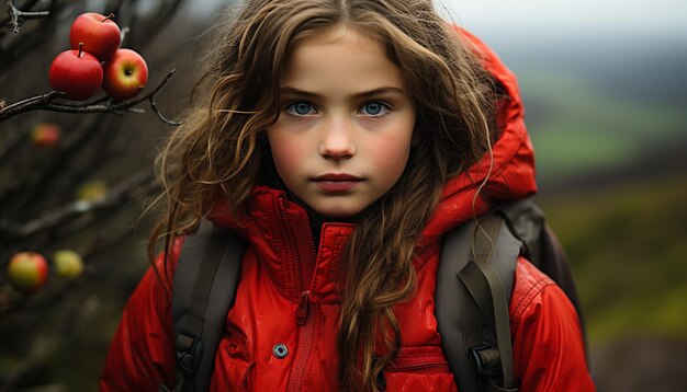 Foto eine junge frau wandert im herbstwald und lächelt, erzeugt durch künstliche intelligenz