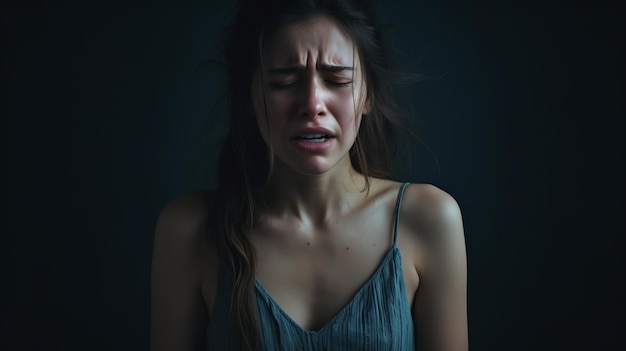 eine junge Frau weint vor einem dunklen Hintergrund.