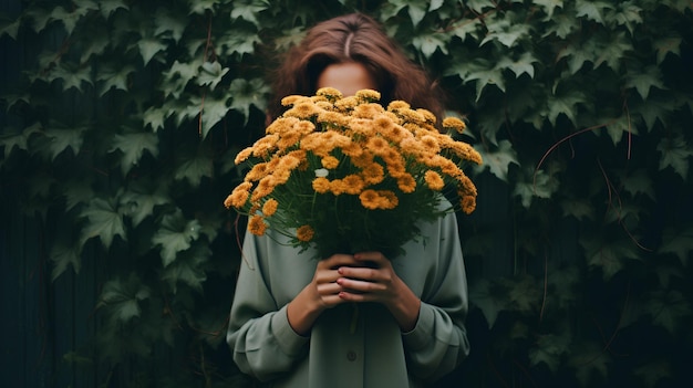 Eine junge Frau wird sanft von einer Fülle von Blumen verdeckt