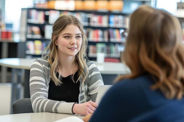 Eine junge Geschäftsführerin führt eine Bedarfsanalyse mit dem Bibliothekspersonal in einer modernen Bibliothek durch