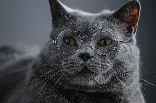 Eine junge große graue britische Katze in runden transparenten Gläsern liegt auf einem Notizbuch, einem Notizbuch.