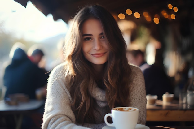 Eine junge Hipster-Frau mit langen Haaren in einem Pullover