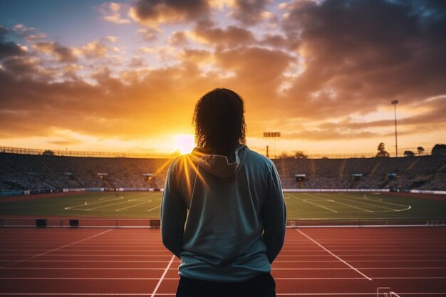 Eine junge, hübsche Sportlerin macht morgendliches Dehnungstraining im Stadion Sport und gesunder Lebensstil Kopieren Sie das Weltraumbanner