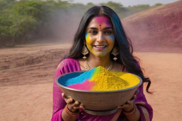 Eine junge indische Frau spielt beim Holi-Festival mit Farben