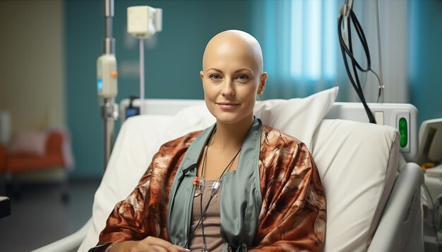 Eine junge, kahlköpfige Frau, die an Krebs leidet, und eine nachdenkliche Frau, die mit einem Tumor im Krankenhaus kämpft.