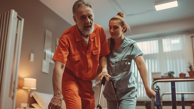 Foto eine junge krankenschwester hilft einem älteren männlichen patienten, in einem krankenhaus oder pflegeheim mit einem fußgänger zu laufen