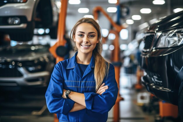 Eine junge lächelnde Mechanikerin posiert in Uniform