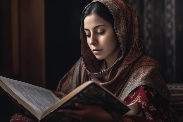 Eine junge muslimische Frau liest zu Hause den Koran, erstellt mit generativer KI