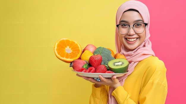 Eine junge muslimische Hijab-Frau hält einen Obstkorb vor einem sauberen Hintergrund mit einem großen Kopierraum, der gesunde Lebensmittel für den Ramadan darstellt.