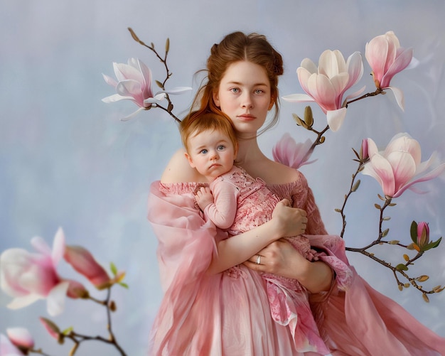 Eine junge Mutter mit einem Baby in den Armen vor dem Hintergrund einer blühenden Magnolia
