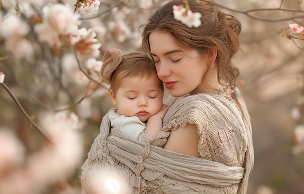 eine junge Mutter mit gewebten Wickeln hält ihr schlafendes Kind im Frühling