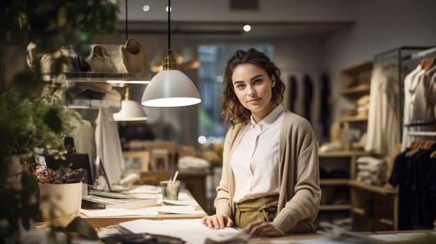 Eine junge Näherin bei der Arbeit lächelt in die Kamera, während sie neue Kleidung näht