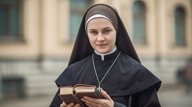 Eine junge Nonne steht vor einem Gebäude mit einem christlichen Symbol und einer Bibel