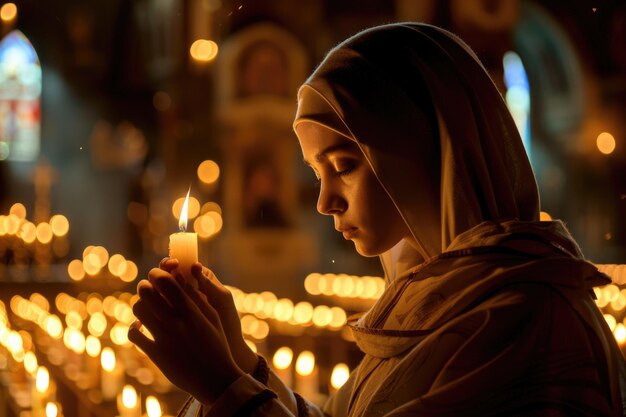 Foto eine junge nonne zündet eine kerze in einer schwach beleuchteten kirche an